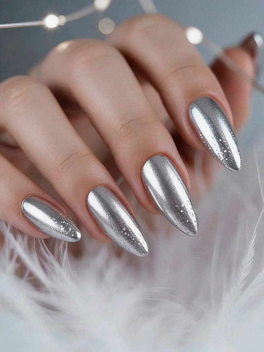 Móng giả dán nhũ bạc, hình dáng hạnh nhân cỡ trung bình, phủ toàn bộ móng, làm từ acrylic, có họa tiết, móng dán nhũ lấp lánh, móng bóng, thích hợp cho nữ và bé gái, 24 chiếc. - Nhiều màu - Xem 1