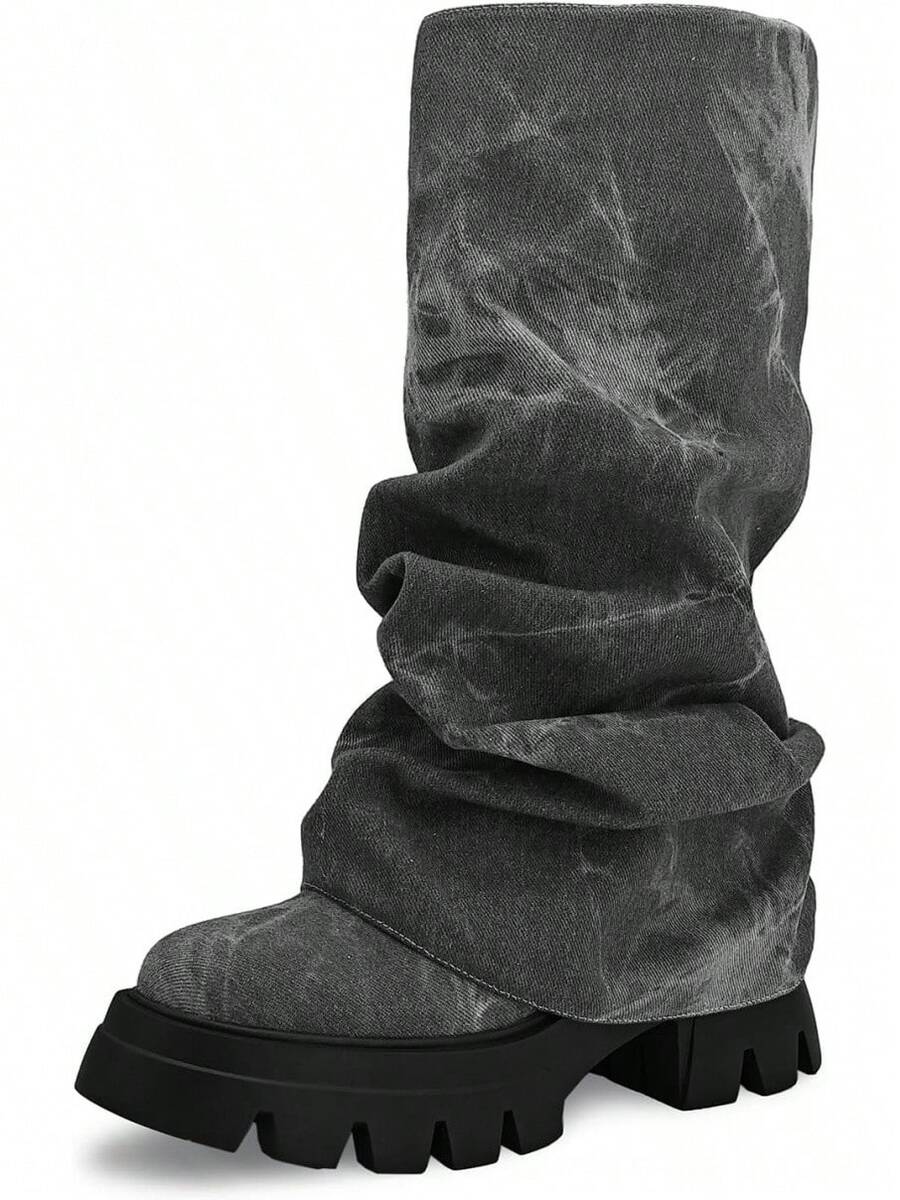 Women's Platform Round Toe Mid Calf Boots With Chunky Heel - Denim Grey - View 1
