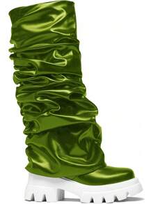 Women's Platform Round Toe Mid Calf Boots With Chunky Heel - Green - View 5