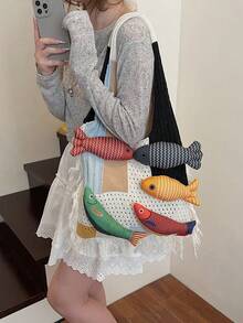 1 buah Tas Tote Bahu Kapasitas Besar Motif Ikan Colorblock, Tas Rajutan Modis, Gaya Bohemian untuk Liburan Pantai dan Penggunaan Sehari-hari untuk Wanita - Putih - View 2
