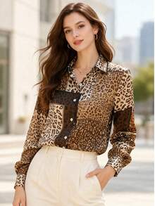 Women's Leopard Print Patchwork Button Front Long Sleeve Shirt Chic Casual Blouse Vacation Spring - Leopard Print - View 1