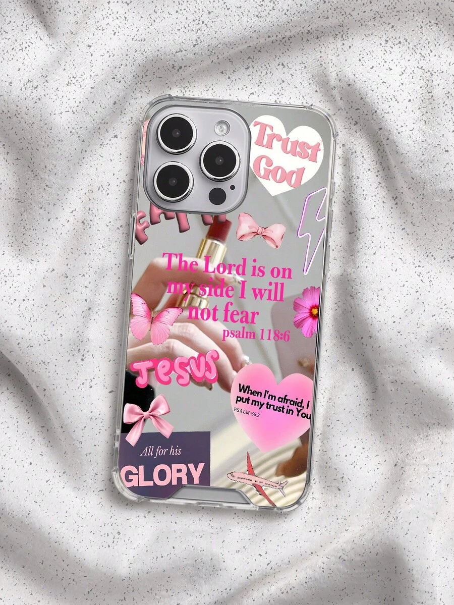 粉色聖經經文女孩手機殼,適用於 iPhone 和 Galaxy - 透明鏡面信靠上帝耶穌經文 + 唇膏蝴蝶結元素 - 防震保護殼 信仰療癒 Y2K 甜酷風 - 彩色 - 查看 1