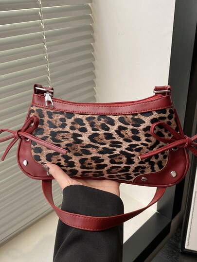 Bolso de hombro de estilo único con estampado de leopardo, nuevo bolso de hombro con parches de colores contrastantes y decoración de lazo