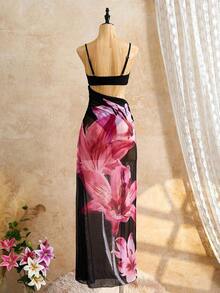 2pcs Women's Bikini Set, Metal Flower Decor Adjustable Strap Bikini, Floral Mesh Print Bohemian Beach Dress Cover Up, 3-Piece Swimwear Set, Suitable For Beach, Vacation And Pool Party Black Summer - màu đen - Xem 6