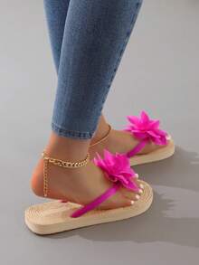 Colorful Floral Thong Sandals, Sweet Women Beach Slippers,Flip Flops,Summer Shoes - Hot Pink - View 5