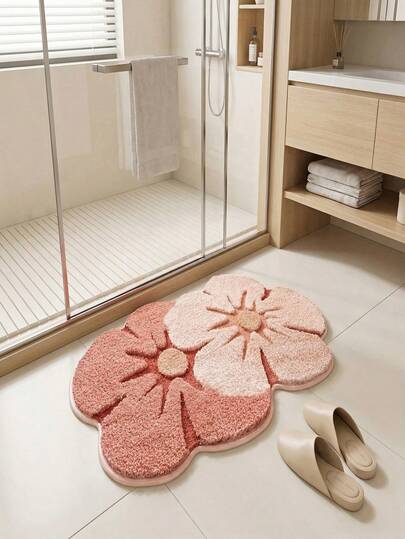 1 件双色花卉图案浴室地垫，柔软舒适，可机洗，适用于浴室、浴缸、卫生间、洗衣房、梳妆台、露台等家居装饰。