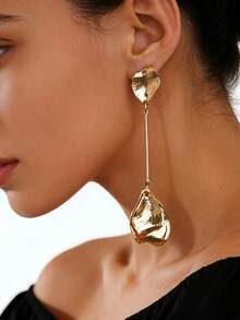 1 par de pendientes colgantes asimétricos de metal con pliegues en forma de hoja, adecuados para uso diario y fiestas - Dorado - Ver 5