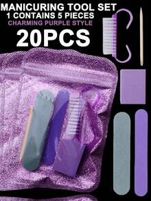 5件套精美紫色美甲工具套装，包含2把指甲锉、1块抛光块、1个角质层推棒、1把清洁刷，便携耐用，适合初学者，可作为美甲练习工具，还附赠指甲锉条和配件工具。 - 紫色 - 查看 9