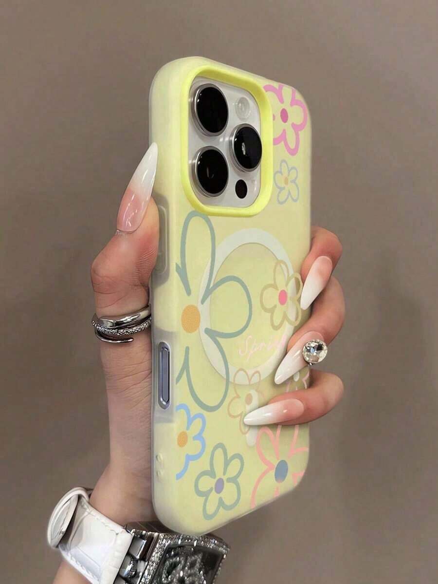 1pc Spring Flower Pattern Jelly 2-In-1 Magnetic Phone Case, Couples Phone Case Valentine's Day Phone Case, Suitable For IPhone 17 Pro Max/16 Pro Max/15 Pro Max/13/15/16/17 Pro/14/11, Fashionable Flower Pattern Jelly 2-In-1 Magnetic Phone Protective Case Fundas Para , Cover,Junk Phone Case - Mixed Colors - View 1