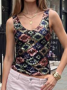Women Y2K Sequin Tank Tops Contrast Sparkly V Neck Sleeveless Slim Vest Going Out Cami Top Stylish Summer Streetwear Club Party Night Out - 黑色 - 查看 3