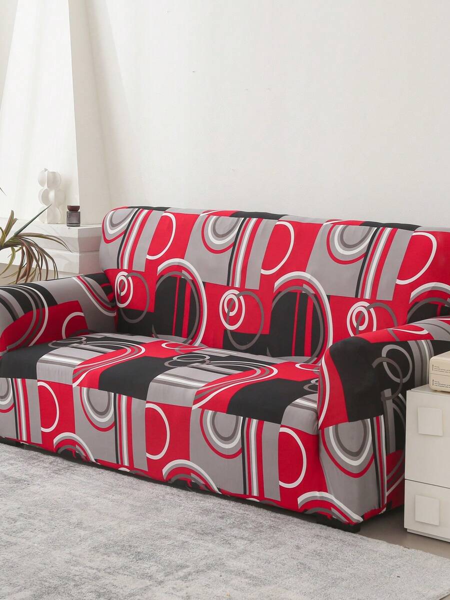 1pc Geometric Pattern Sofa Cover, Abstract Circle Non-Slip Elastic Sofa Slipcover, Red And Gray Contrast Color, Suitable For Sectional Sofa And Loveseat - Red - View 1