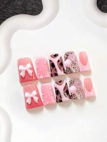 10pcs Sweet Personalized Handmade Nail Art Set, Including Gel Nail Decorations Like Bowknot, Lollipop, 3D Heart, Leopard Print, Brown & Pink Nail Polish, Suitable For Hot Girl Style, With Nail Tools (1 Jelly Sticker + 1 Nail File), 3 Sizes Available For Almond, Duck, Coffin Nails, Suitable For Party, Daily, Commute, Spring/Summer - Multicolor - View 19