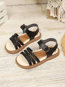 Giày sandal đế xuồng dệt màu đen mới cho bé gái mùa hè, khóa kim loại kiểu retro, chống trơn trượt. - màu đen - Xem 1