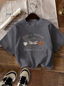 Nueva camiseta de moda para primavera y verano para chicas, con estampado de té de la tarde de otoño y patrón de letras artísticas, elegante camiseta de manga corta, casual, de cuello redondo, ropa de mujer. - Gris Claro - Ver 5