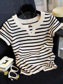 Plus Size V-Neck Striped Contrast Color Casual Pullover Knit Short Sleeve Top Spring - Black and White - View 1