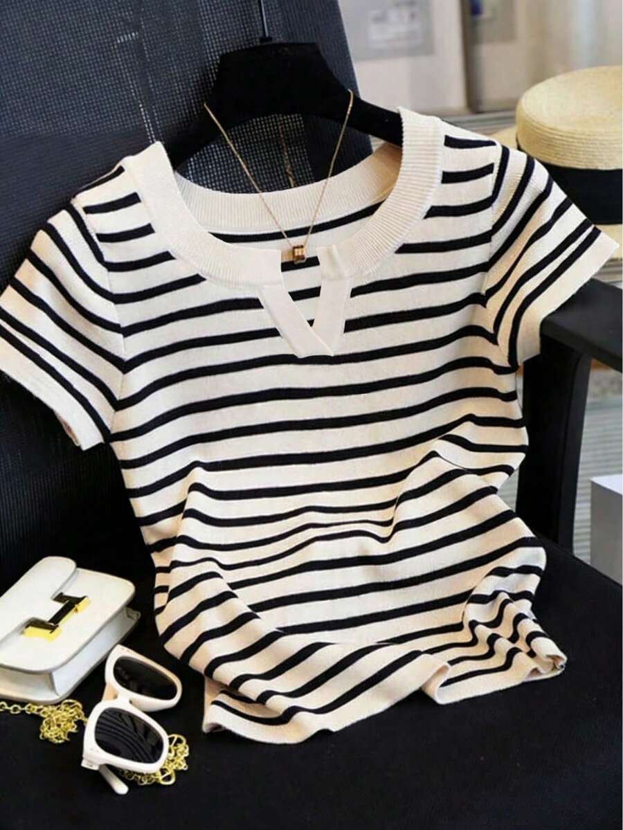 Plus Size V-Neck Striped Contrast Color Casual Pullover Knit Short Sleeve Top Spring - Black and White - View 1