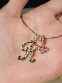 1pc Cubic Zirconia Heart-Shaped Necklace With 26 English Alphabet Design, Classic Vintage Pendant Necklace, Suitable For Daily Wear Or Gatherings, Perfect For Valentine's Day Gift - 金色 - 查看 4