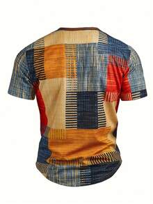 Men's Plaid Number 3D Print Color Block Henley T-Shirt, Outdoor Casual Sports - Multicolor - View 2