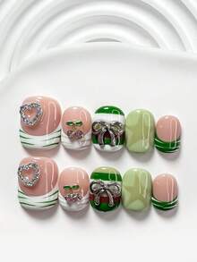 10pcs Sweet Personalized Handmade Nail Art Set, Including Gel Nail Kit, 3D Heart, Cherry And Bow Nail Decorations, Striped, Star Nail Decors, Green, Red And White Nail Polish, Chic Color Block Style, With Nail Tools (1 Jelly Sticker + 1 Nail File). 3 Sizes Available: Square, Short Square, Almond. Suitable For Party, Daily, Party, Photography, Spring/Summer Commute Press On Nails - 彩色 - 查看 15