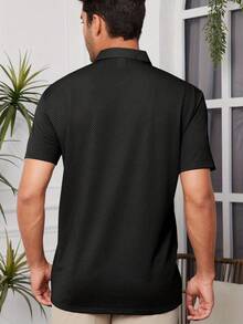 大码服装 - 大码男士Polo衫，翻领短袖褶皱纹理Polo衫，纽扣翻领短袖衬衫，休闲户外服，高尔夫Polo衫，时尚休闲男装，节日礼物 - 黑色 - 查看 2