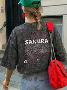 Áo thun ngắn tay cổ tròn nhuộm màu tie-dye thời trang mùa hè mới, in khẩu hiệu tiếng Anh, kiểu dáng thường ngày, đa năng, họa tiết hoa mai và cây thông, phù hợp cho nữ. Màu đen. - màu đen - Xem 3