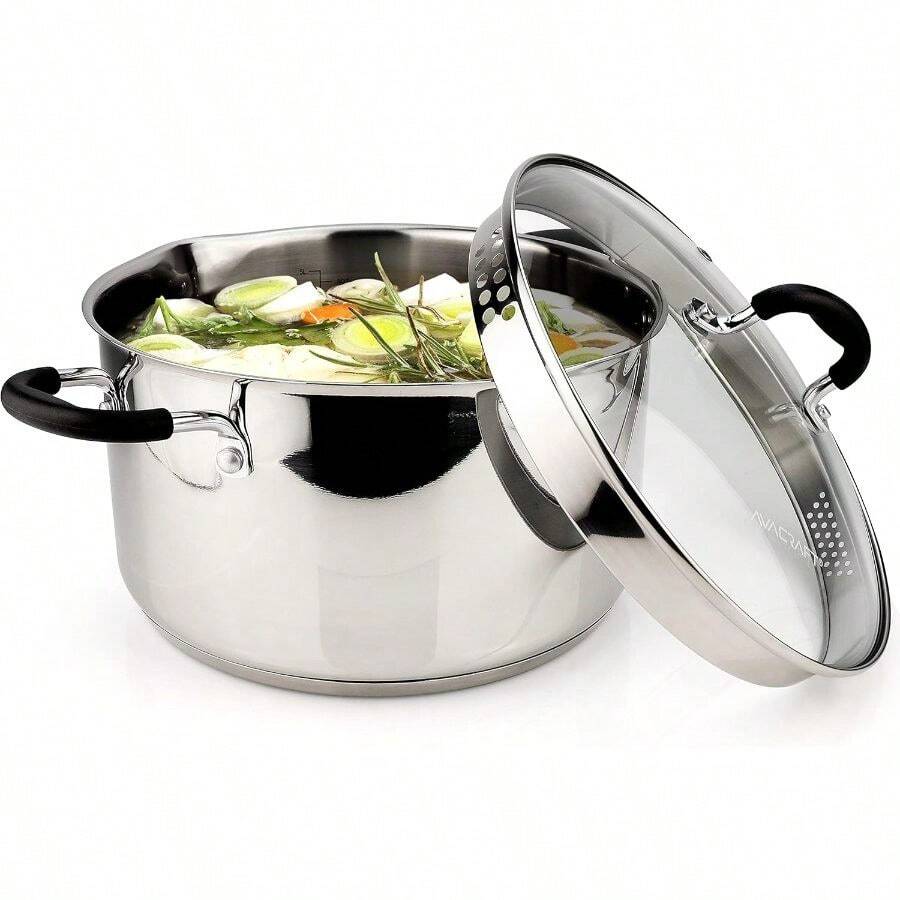 Stainless Steel Stockpot With Glass Strainer Lid, 6 Quart Stock Pot, Soup Saucepan Cookware, Side Spouts, Multipurpose, Induction Pan, (5-Ply Capsule Bottom, 6QT) - View 1