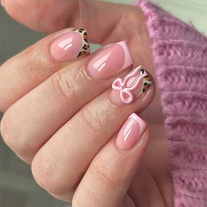24pcs Y2K Style Medium Square Nail Stickers Set, Includes Nude Pink Base With Pink & White French Manicure Stickers, Leopard Print Decor And 3D Bow Accents, Suitable For Parties, Dates And Daily Wear, Removable And Reusable Press On Nails