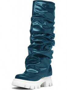 Women's Platform Round Toe Mid Calf Boots With Chunky Heel - Blue - View 1