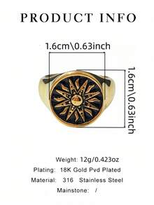 1枚“太阳”造型时尚独特朋克嘻哈风格不锈钢18K镀金男士戒指，防水防褪色，适合日常休闲佩戴 - 維吉娜太陽 - 查看 2