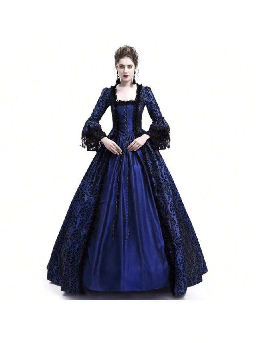 Vestido medieval con mangas acampanadas, estilo cortesano retro. - Azul Marino - Ver 1