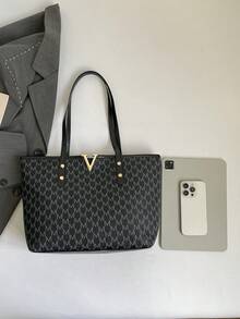 Túi xách cỡ lớn in chữ thời trang, túi đeo vai tối giản bằng da PU dành cho nữ. - màu đen - Xem 5