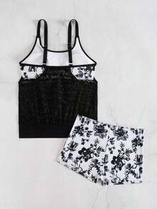 Swim Lushoire 2-Piece Floral Print Random Tankini Top With Mesh Tummy Control And Shorts Swimwear Set For Women - 多色 2 - 查看 6