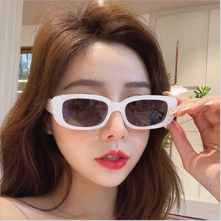 Small-Frame, Simple Square Punk Fashion Small-Frame Show Glasses, Cute White Frame, Aesthetic Narrow Shades Makeup & Live Stream - 白框灰片 - 查看 1