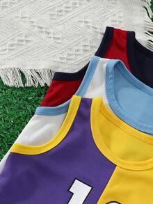 4pcs/Set Summer New Baby Boy Letter Print Striped Trim Vest And Shorts - Multicolor - View 7