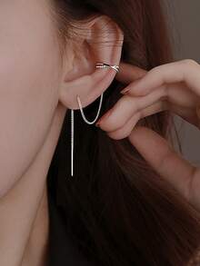 1 Đôi khuyên tai kẹp vành tai tua rua tối giản, thiết kế sang trọng, nhẹ nhàng, đa năng cho đeo hàng ngày, đi làm và hẹn hò. - Bạc - Xem 5