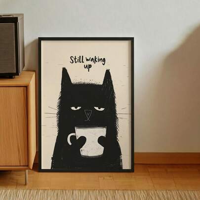 1幅忧郁黑猫“仍在醒来”艺术墙画，趣味猫咪帆布印刷画|讽刺俏皮的黑猫咖啡装饰画，适用于卧室、客厅或办公室家居装饰，手绘咖啡猫海报，送给爱猫人士的礼物，无框，可选木质挂框或带框