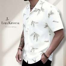 JL Men's Hawaiian Floral Beach Shirt, Short Sleeve, Button-Down, Spring And Summer - 花卉 2 - 查看 2