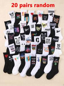 20 pares de calcetines casuales para niños, diseños aleatorios de arte callejero y letras, unisex, base negra y blanca, transpirables para uso diario, calcetines urbanos para niños, estilos de graffiti surtidos - Multicolor - Ver 19