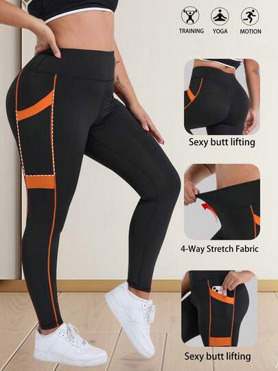 Quần yoga nâng ngực cạp cao cỡ lớn dành cho nữ, thiết kế phối màu tương phản, túi bên hông, legging ôm sát thích hợp cho chạy bộ, tập luyện và thể thao thường ngày.