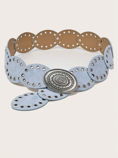 1件波西米亚风女士腰带，牛仔风，西部风腰带，女士腰带，Y2K风格腰带，Y2K配饰，女士腰带，波西米亚复古银色花卉椭圆形扣麂皮拼接腰带，可搭配同款裙裤，适合派对、节日、生日、新年等场合。