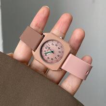 1 pieza Reloj de mujer de color macaron refrescante, correa de silicona de color contrastante, reloj de cuarzo casual para estudiantes/niñas - Marrón Chocolate - Ver 3