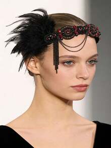 1920年代摩登女郎全套装备！粉色羽毛水钻发箍+几何水钻耳环+珍珠项链+白色手套，让您沉浸在爵士派对的迷人风情中 - 彩色 - 查看 4