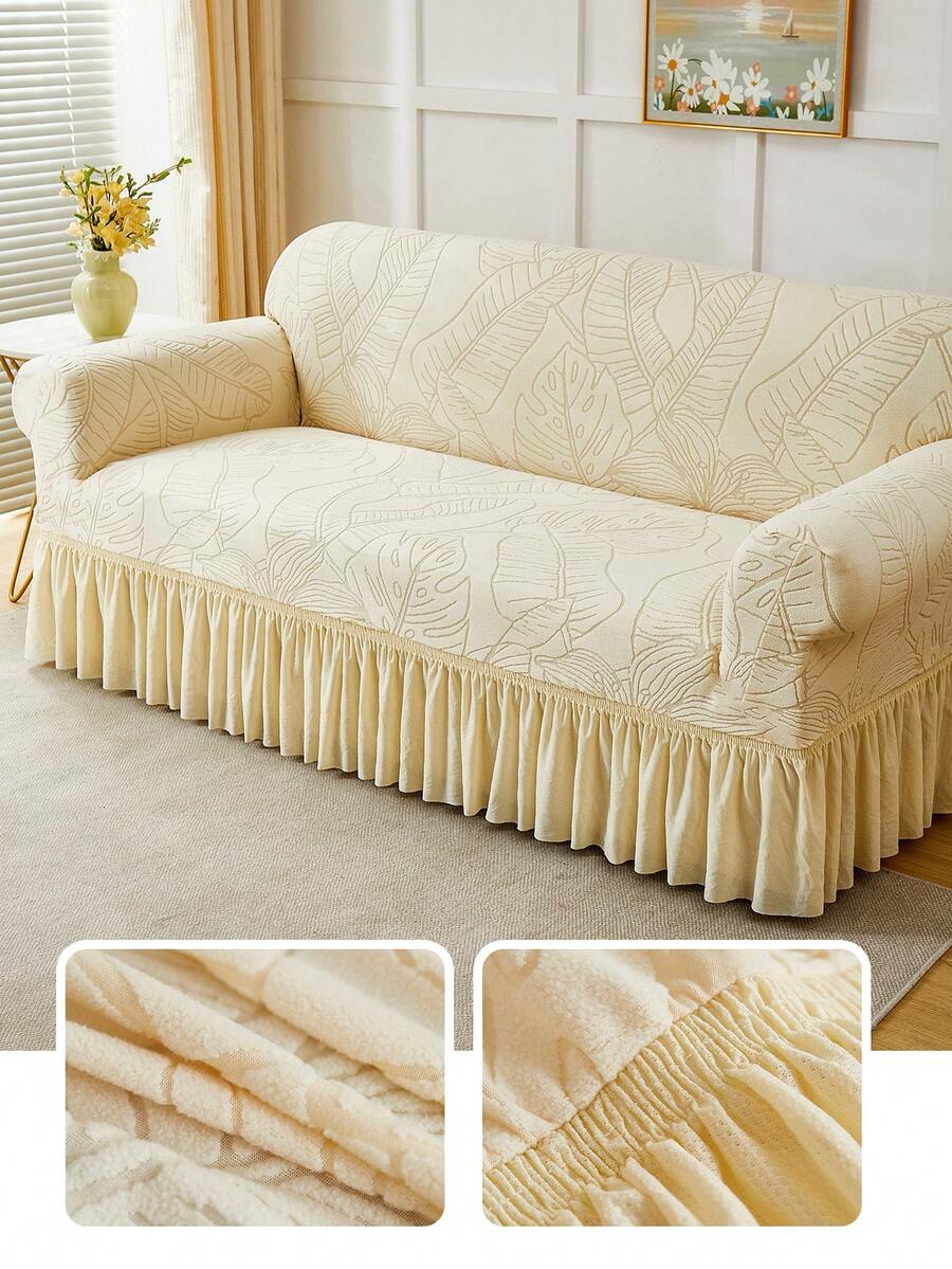 1pc Jacquard Leaf Pattern Ruffled Elastic Sofa Cover, Dust-Proof And Dirt-Resistant, Stretch Full Coverage Sofa Protector, Home Decor, Machine Washable, Pillow Cover Not Included - Creamy White - View 1