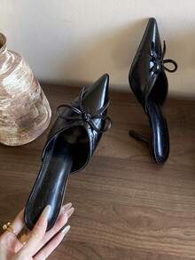 Sandalias de mujer de tacón fino y bajo con punta puntiaguda, lazo y sin talón para primavera/verano 2026 - Negro - Ver 6