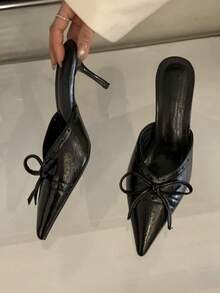 Sandalias de mujer de tacón fino y bajo con punta puntiaguda, lazo y sin talón para primavera/verano 2026 - Negro - Ver 1