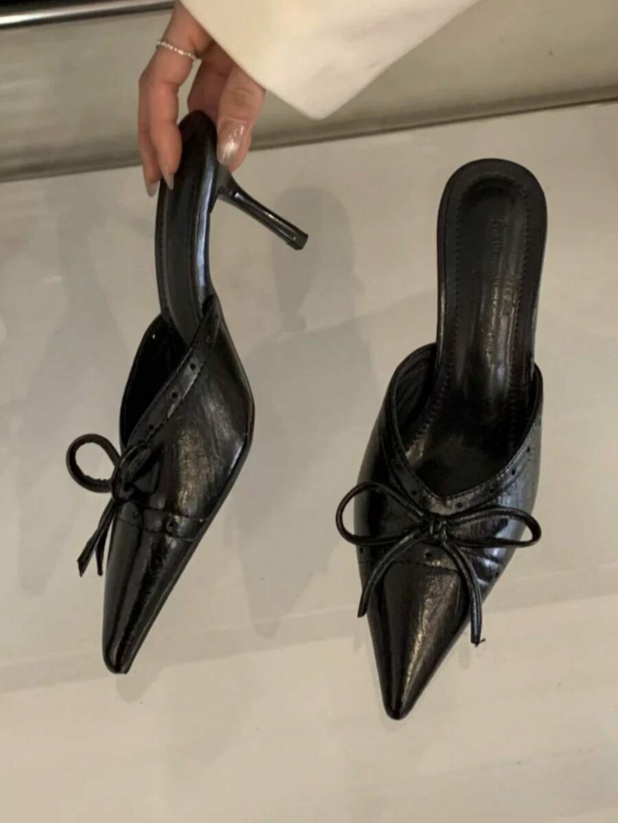 Sandalias de mujer de tacón fino y bajo con punta puntiaguda, lazo y sin talón para primavera/verano 2026 - Negro - Ver 1