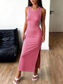 LOVE JOYY Women's Vacation Style Pink Striped Sleeveless Backless Fitted Dress With Side Slit, Summer Casual Holiday Party Daily Wear Long Dress - Rose Red - View 7