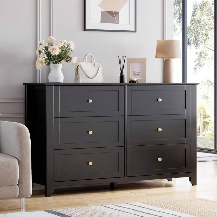 Gaderth 6 Chest Of Drawer Dresser, Wood Storage Double Dresser With Deep Drawers,Modern Wood Organizer Storage Cabinet With Drawers For Bedroom, Living Room, Entryway - 黑色 - 查看 1