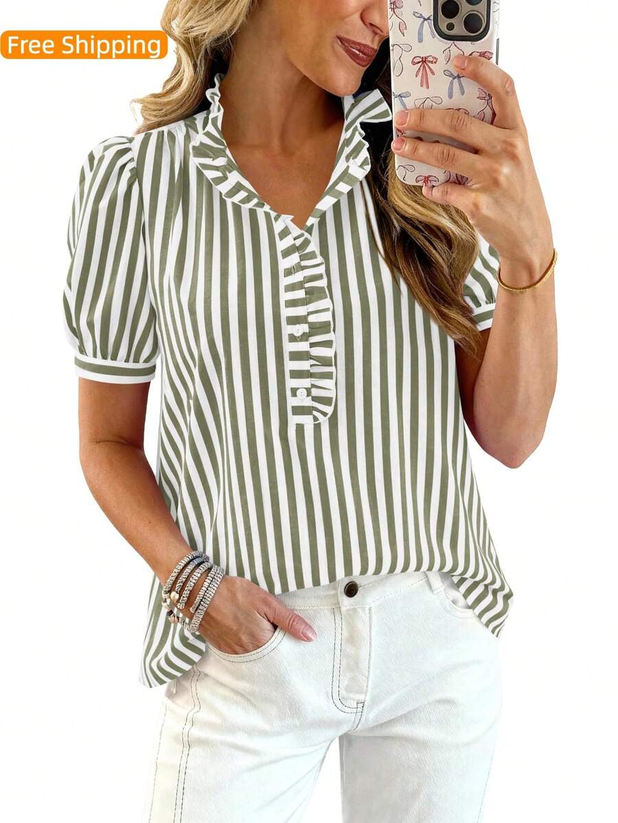 Puff Sleeve Striped Ruffle Blouse V Neck Button Front Summer Top Chic Casual Work Office Outfit For Women - Green - View 1