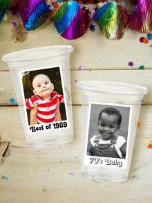 Customized Photo & Text Party Stickers, High-Quality Self-Adhesive Material, Personalized Plastic Cups With Vintage Year Photo Sticker Labels. Perfect For Party Events And Birthday Decoration Uses. - Multicolor - View 3